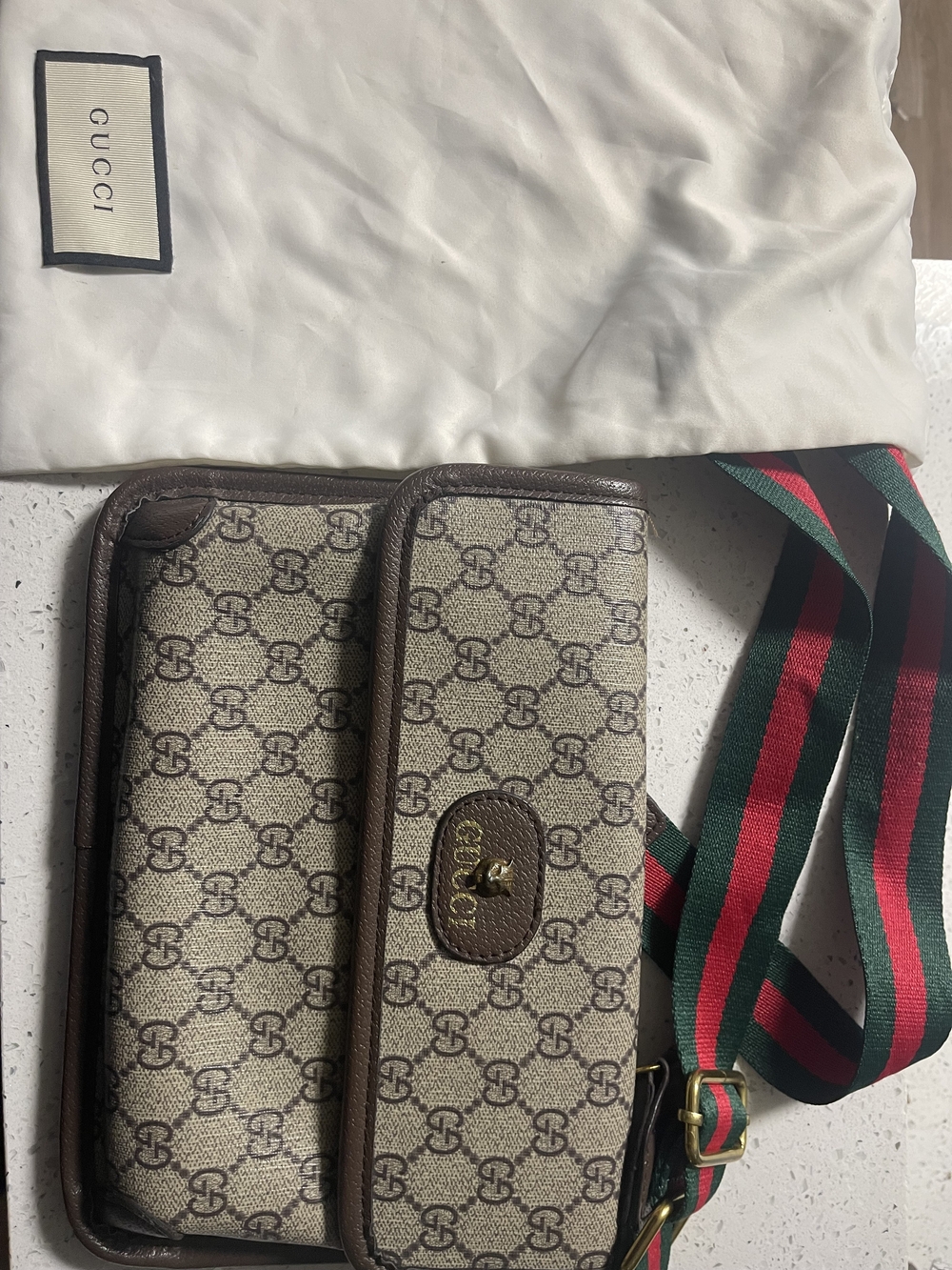 Gucci Brown/Beige GG Canvas Messenger Bag with Red-Green Web Strap
